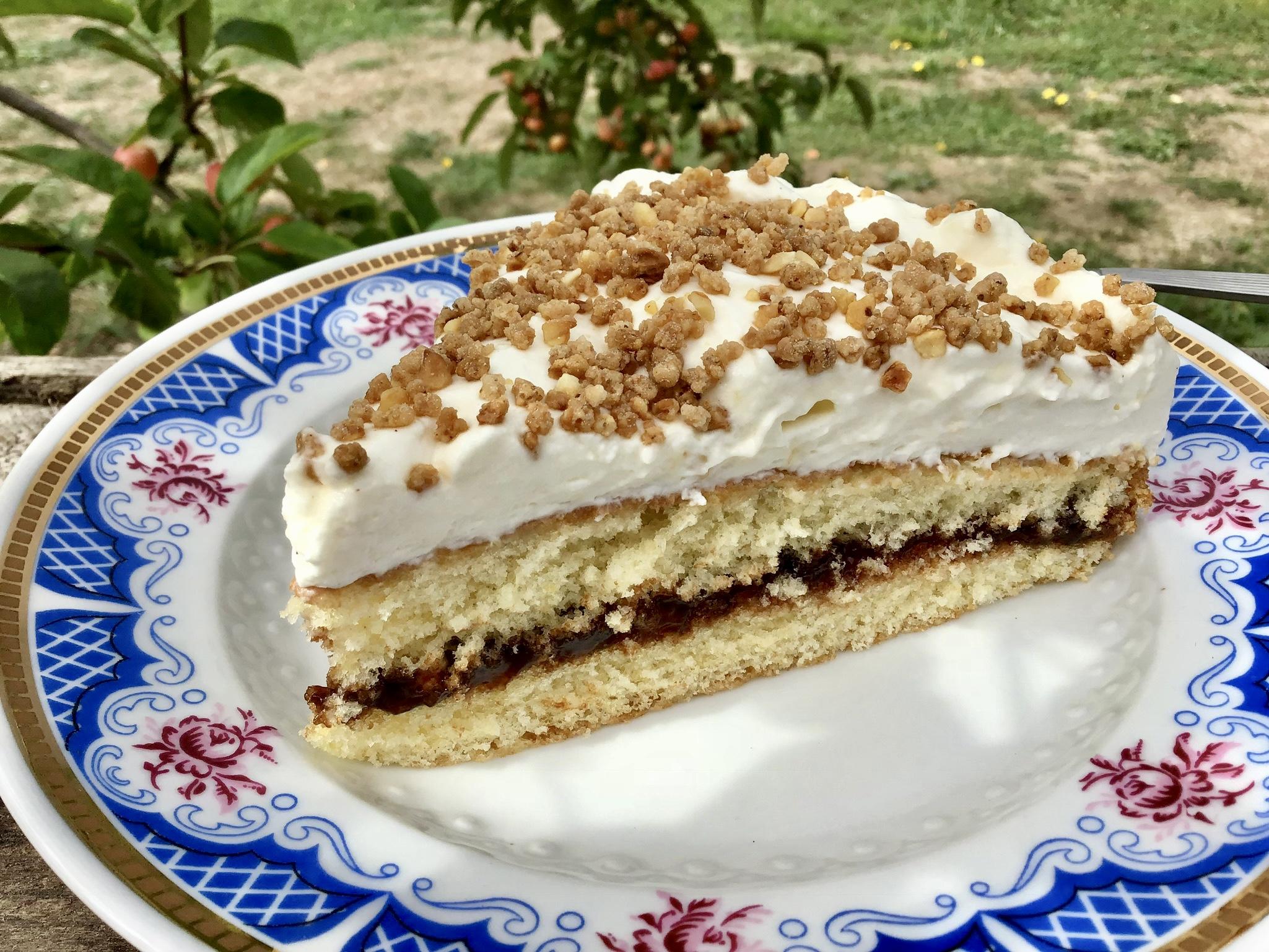 Fantakuchen mit Pflaumenmus und Haselnusskrokant